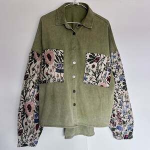 POL Cream & Olive Floral Jacquard Patchwork Button Down Shacket